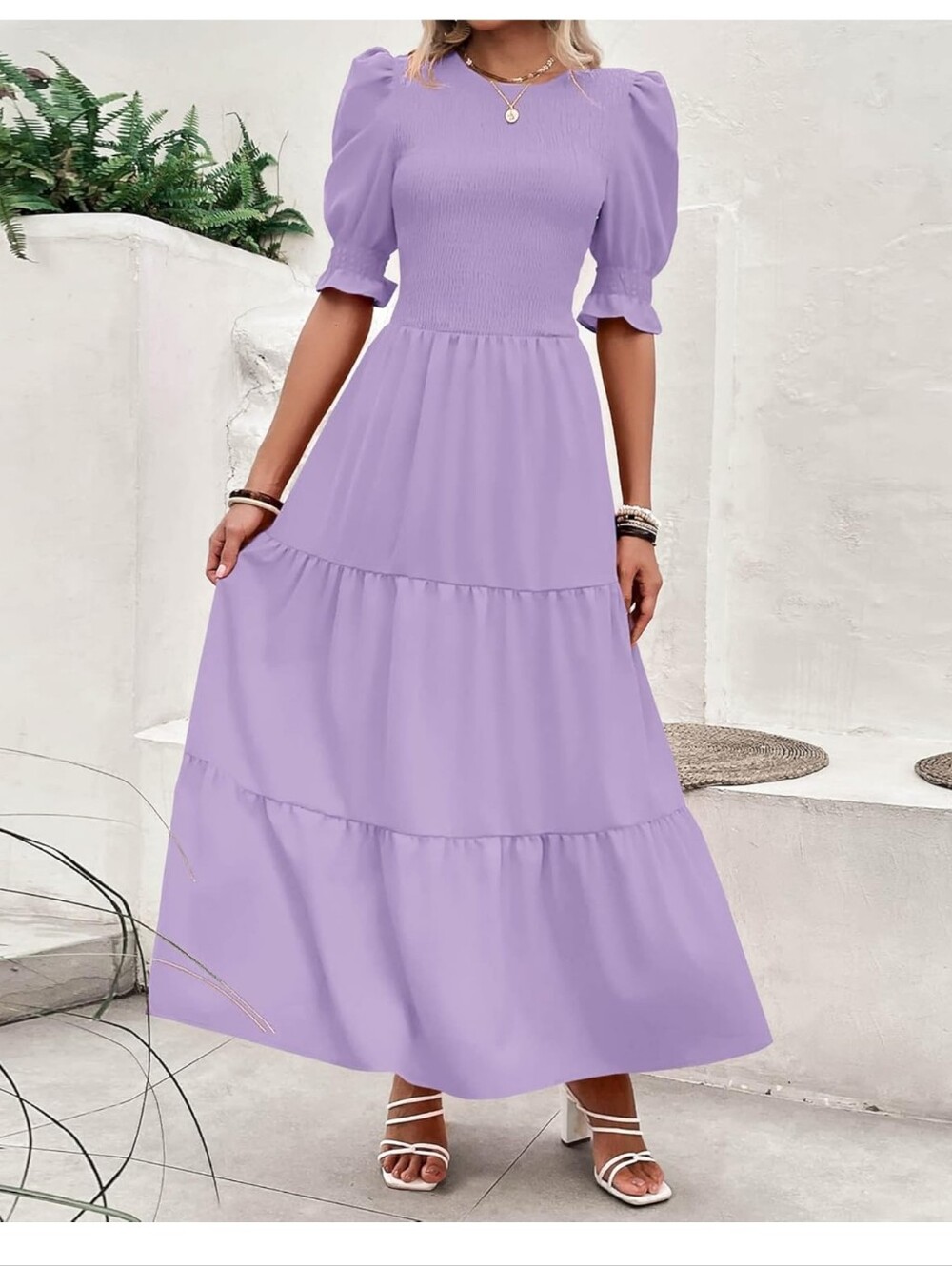 Amazon Lavender Puff Sleeve Tiered Maxi Dress